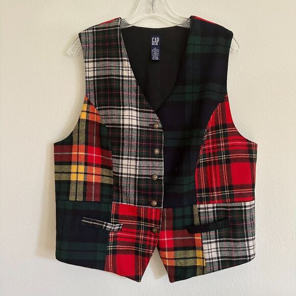 Vtg 90s GAP Patchwork Plaid Vest Large Tartan Holiday Grandma Core Grunge Preppy - Picture 1 of 11